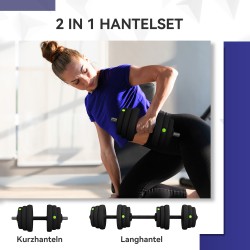 2-in-1 käsipainosarja ja levytanko, säädettävä 25 kg, teräs/muovi, musta/vihreä