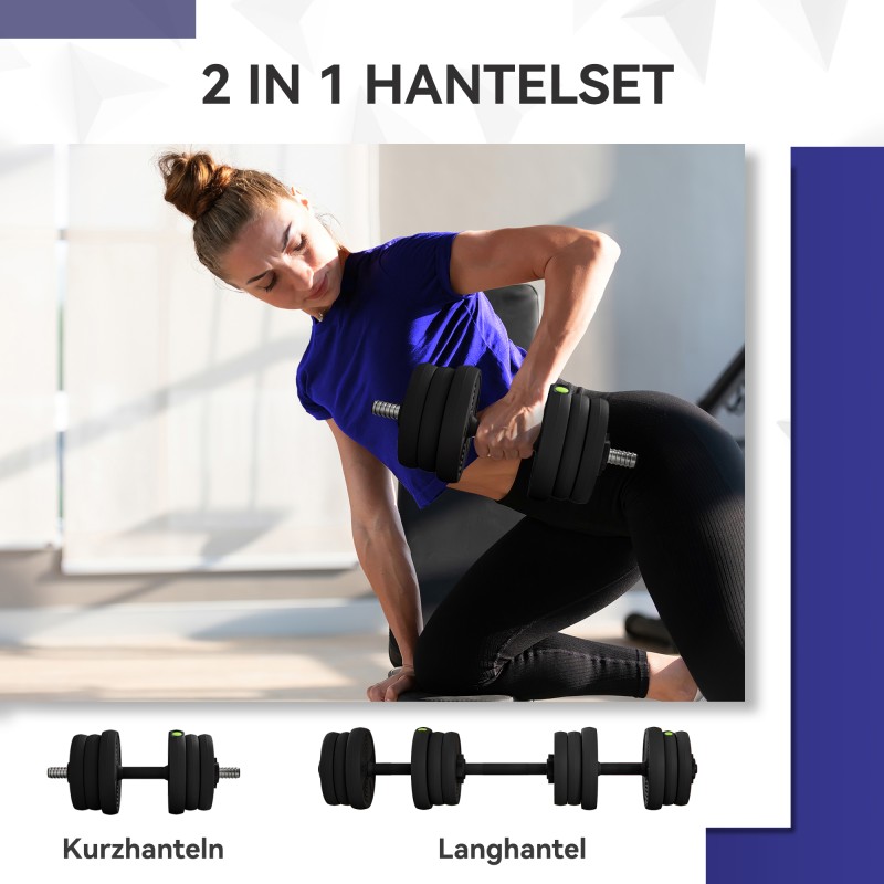 Käsipainosetti 2-in-1 säädettävä 20 kg, pitkä- ja käsipaino, muovipäällysteinen, musta/vihreä