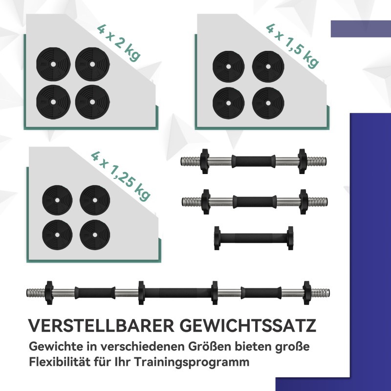 Käsipainosetti 2-in-1 säädettävä 20 kg, pitkä- ja käsipaino, muovipäällysteinen, musta/vihreä