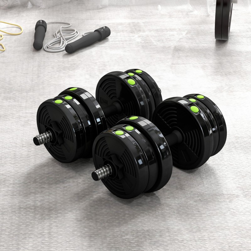 Käsipainosetti 2-in-1 säädettävä 20 kg, pitkä- ja käsipaino, muovipäällysteinen, musta/vihreä