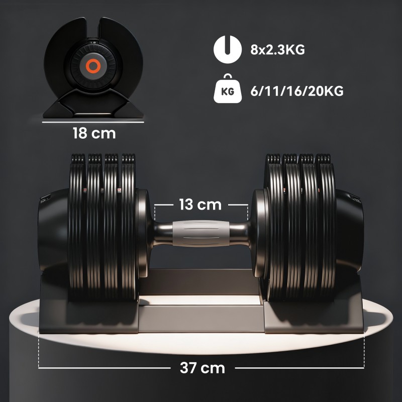 Säädettävä käsipaino kotitreeniin 6–20 kg, teräs ja muovi, liukumaton kahva, musta, yksittäinen