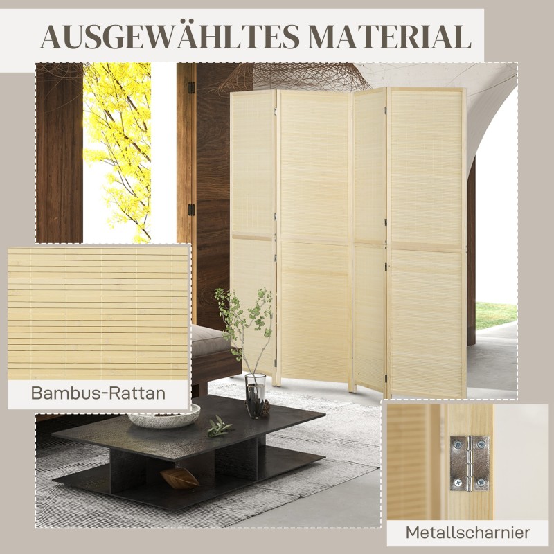 Tilanjakaja olohuoneeseen bambu 4‑osainen 180 x 180 cm luonnonpuu