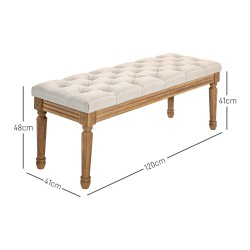 Pehmustettu penkki sängynpäätyyn, massiivipuinen runko, 120 x 41 x 48 cm, cremevalkoinen