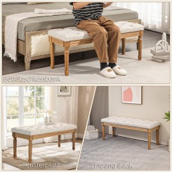 Pehmustettu penkki sängynpäätyyn, massiivipuinen runko, 120 x 41 x 48 cm, cremevalkoinen