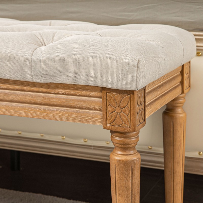 Pehmustettu penkki sängynpäätyyn, massiivipuinen runko, 120 x 41 x 48 cm, cremevalkoinen