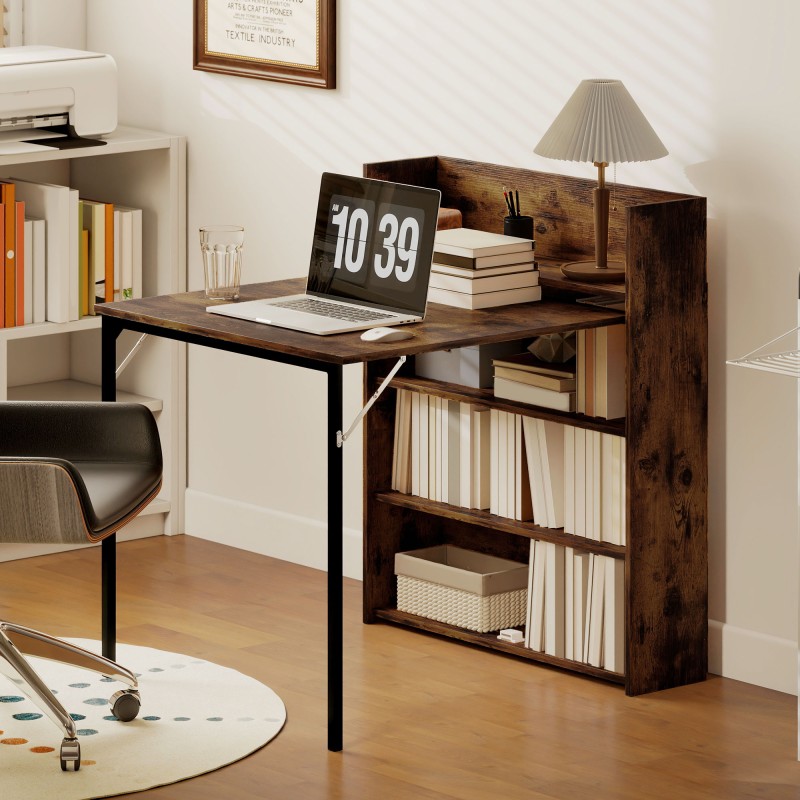 Taitettava ruokapöytä hyllyillä, teollinen malli, MDF ja teräs, 80 x 90 x 93 cm, rustiikin ruskea