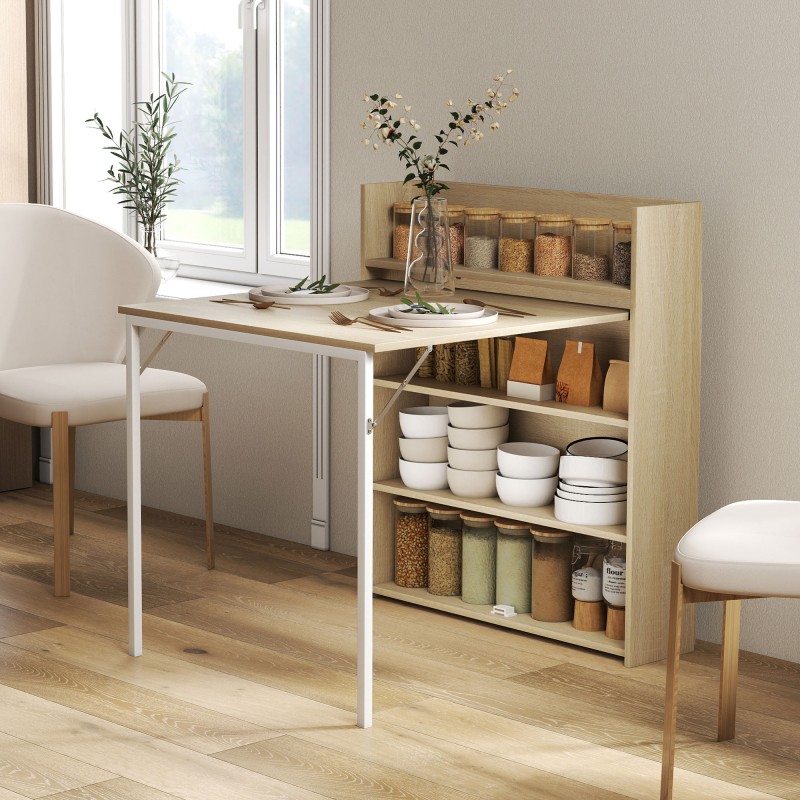 Taitettava ruokapöytä hyllyllä, teollinen MDF/teräs, 78,5 x 91 x 93 cm, tammi