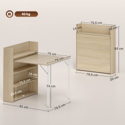 Taitettava ruokapöytä hyllyllä, teollinen MDF/teräs, 78,5 x 91 x 93 cm, tammi