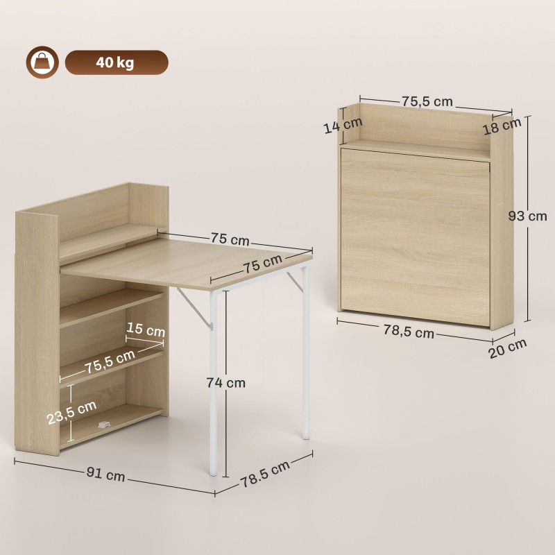 Taitettava ruokapöytä hyllyllä, teollinen MDF/teräs, 78,5 x 91 x 93 cm, tammi