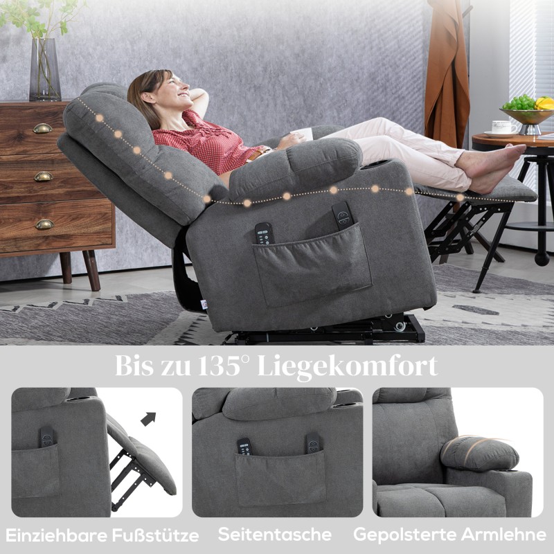 Sähkökäyttöinen nousu- ja lepotuoli senioreille, värinähieronta ja lämpö, 91 x 144 x 88 cm, harmaa
