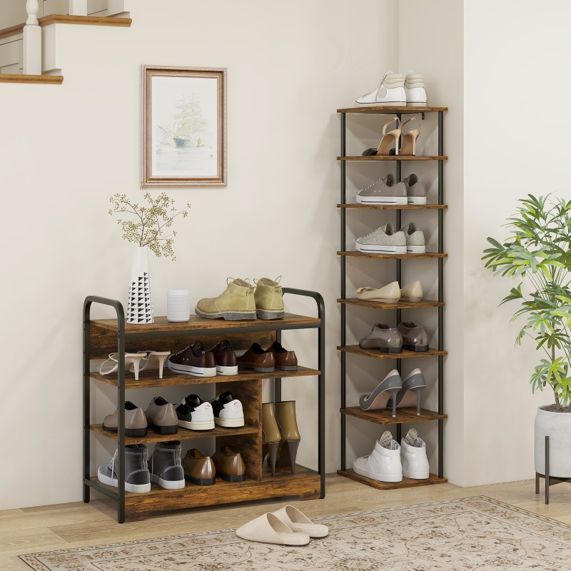 Kenkähylly 4-tasoinen, metallirunko ja lastulevy, säädettävät jalat, 70 x 30 x 65 cm, ruskea/musta