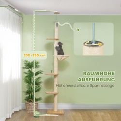 Kattoon ulottuva kissan raapimispuu, kaatumissuoja, sisalpylväät, 40x40x230–250 cm, tammi/kermanvalkoinen