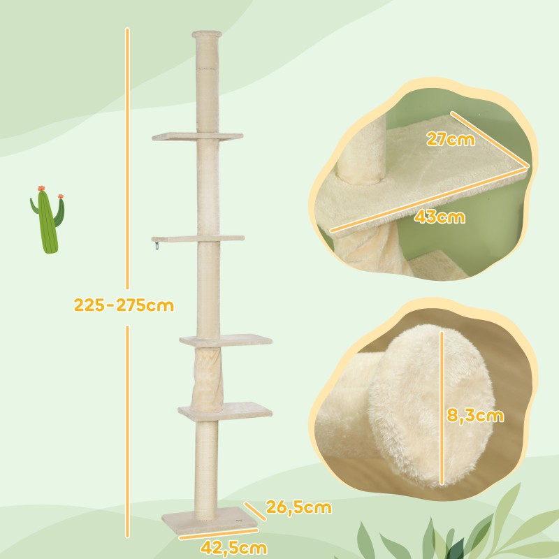 Kissan raapimispuu lattiasta kattoon, säädettävä korkeus 225–275 cm, kermanvalkoinen plüšși