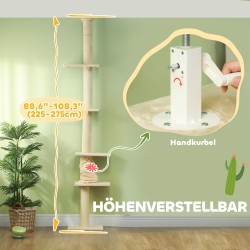 Kissan raapimispuu lattiasta kattoon, säädettävä korkeus 225–275 cm, kermanvalkoinen plüšși