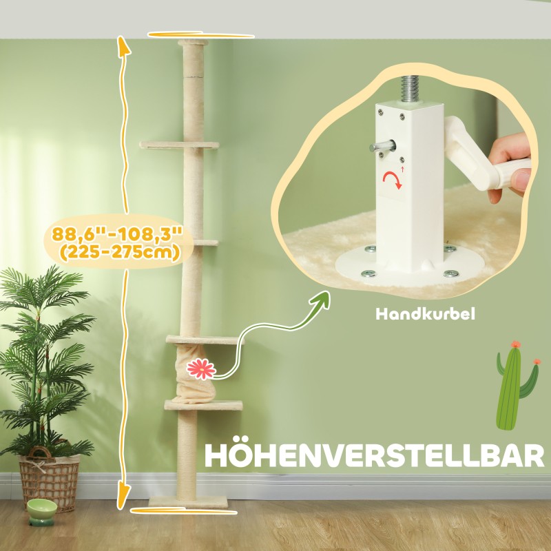 Kissan raapimispuu lattiasta kattoon, säädettävä korkeus 225–275 cm, kermanvalkoinen plüšși