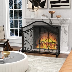 Takkasuoja kipinäsuoja terästä 105 x 40 x 80,5 cm musta, kaksiosaiset magneettiovet