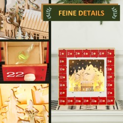 LED-joulukalenteri kylämaisemalla, 24 suurta laatikkoa, MDF, 34 x 7 x 34 cm, punainen