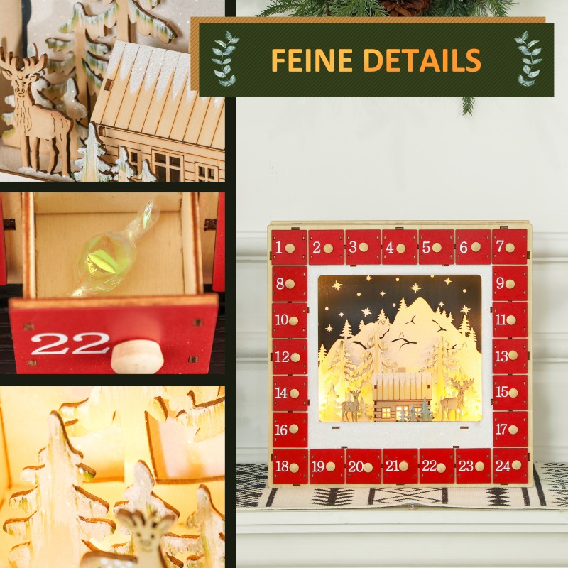 LED-joulukalenteri kylämaisemalla, 24 suurta laatikkoa, MDF, 34 x 7 x 34 cm, punainen