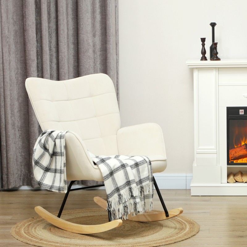 Keinutuoli leveällä selkänojalla, paksu pehmuste, pyökki/teräsrunko, max 120 kg, beige