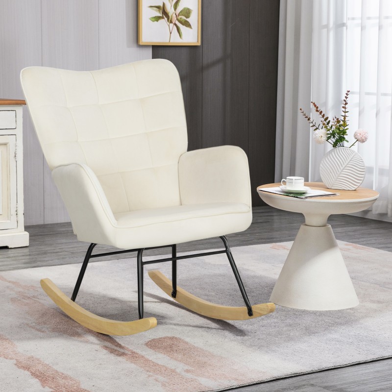 Keinutuoli leveällä selkänojalla, paksu pehmuste, pyökki/teräsrunko, max 120 kg, beige