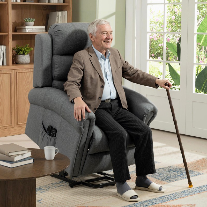 Sähköinen hierova lepotuoli nostoavustuksella, värinä- ja lämpöhieronta, pellavatyylinen kangas, harmaa