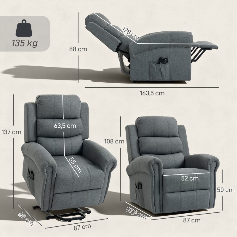 Sähköinen hierova lepotuoli nostoavustuksella, värinä- ja lämpöhieronta, pellavatyylinen kangas, harmaa