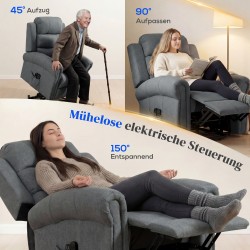 Sähköinen hierova lepotuoli nostoavustuksella, värinä- ja lämpöhieronta, pellavatyylinen kangas, harmaa