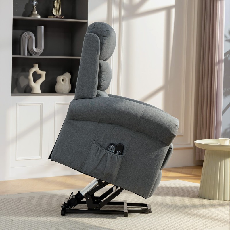 Sähköinen hierova lepotuoli nostoavustuksella, värinä- ja lämpöhieronta, pellavatyylinen kangas, harmaa