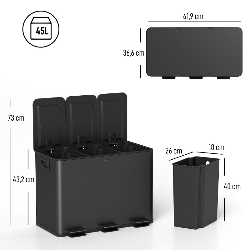 Jäteastia lajitteluun 3 x 15 L, ruostumatonta terästä, pehmeästi sulkeutuvat kannet, musta
