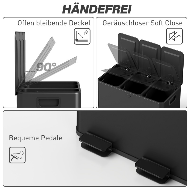 Jäteastia lajitteluun 3 x 15 L, ruostumatonta terästä, pehmeästi sulkeutuvat kannet, musta