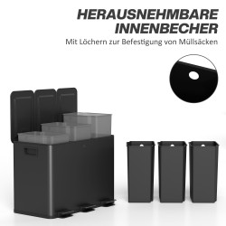 Jäteastia lajitteluun 3 x 15 L, ruostumatonta terästä, pehmeästi sulkeutuvat kannet, musta