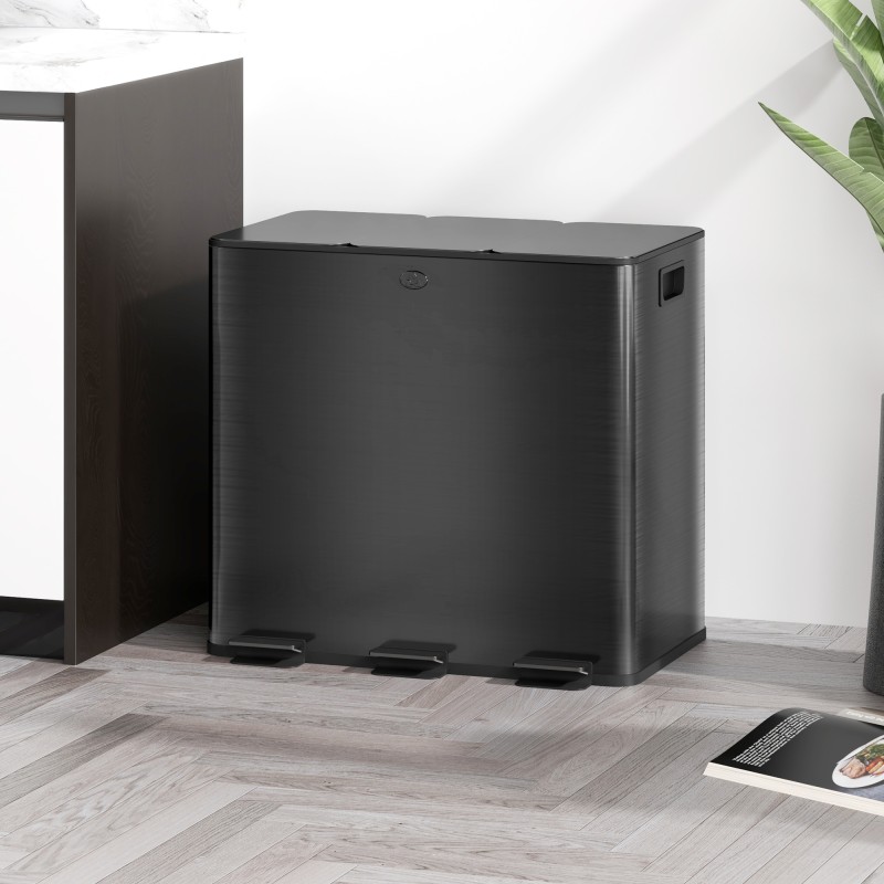 Kolmilokeroinen jäteastia 3 x 15 L ruostumaton teräs soft close musta