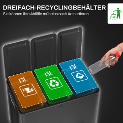 Kolmilokeroinen jäteastia 3 x 15 L ruostumaton teräs soft close musta