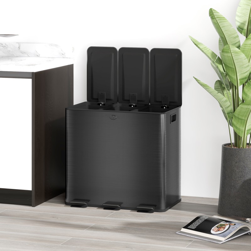 Kolmilokeroinen jäteastia 3 x 15 L ruostumaton teräs soft close musta