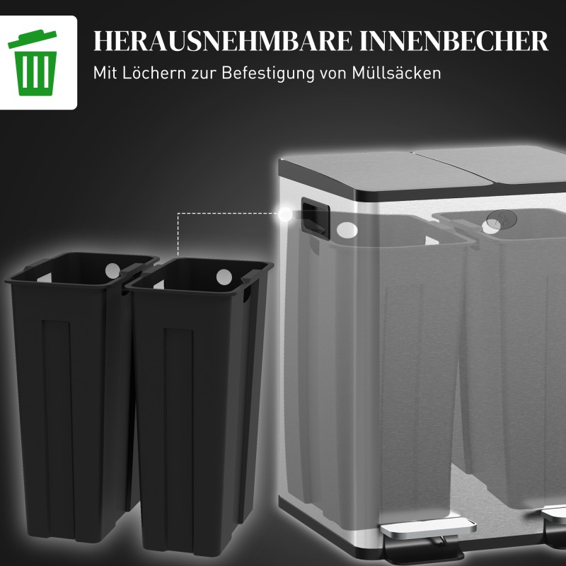 Kaksiosainen jäteastia poljinavaus 2 x 20 L ruostumaton teräs ja muovi hopea