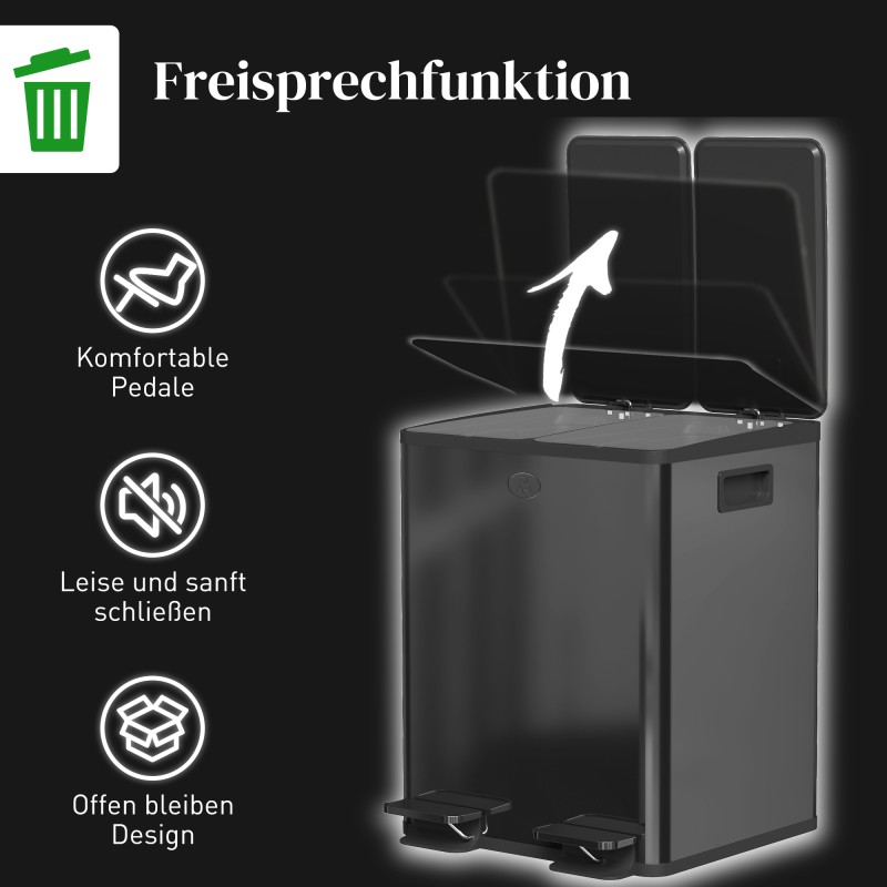 Jäteastia keittiöön 2-osainen 2 x 20 L poljin, ruostumaton teräs ja muovi, musta