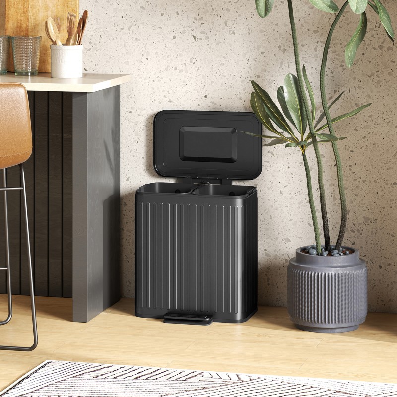 Kaksoisjäteastia keittiöön 2 x 20 l, poljin, metalli ja muovi, musta