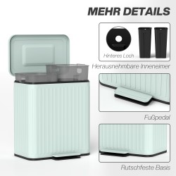 Kaksiosastoinen keittiöroska-astia 2 x 20 L, poljin, metalli ja muovi, vihreä