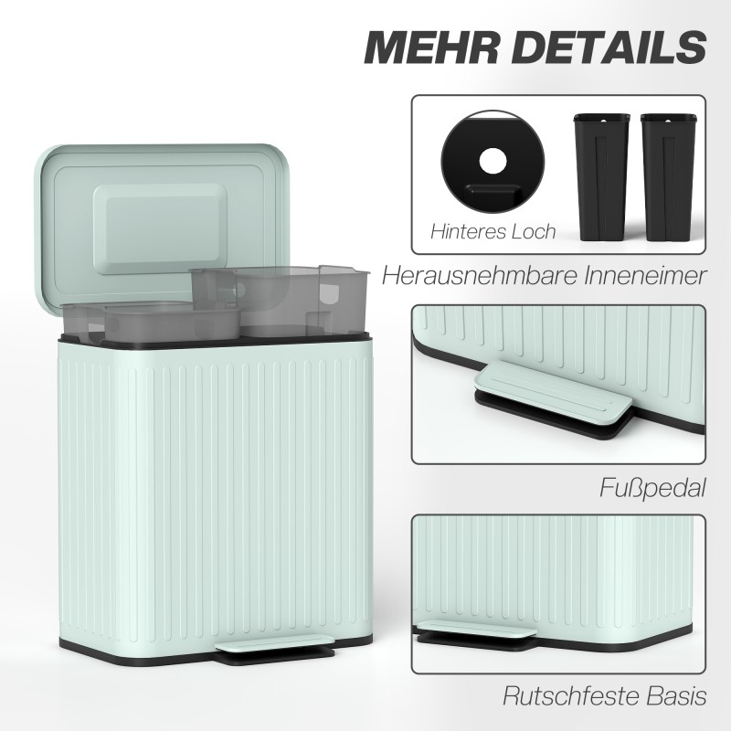 Kaksiosastoinen keittiöroska-astia 2 x 20 L, poljin, metalli ja muovi, vihreä