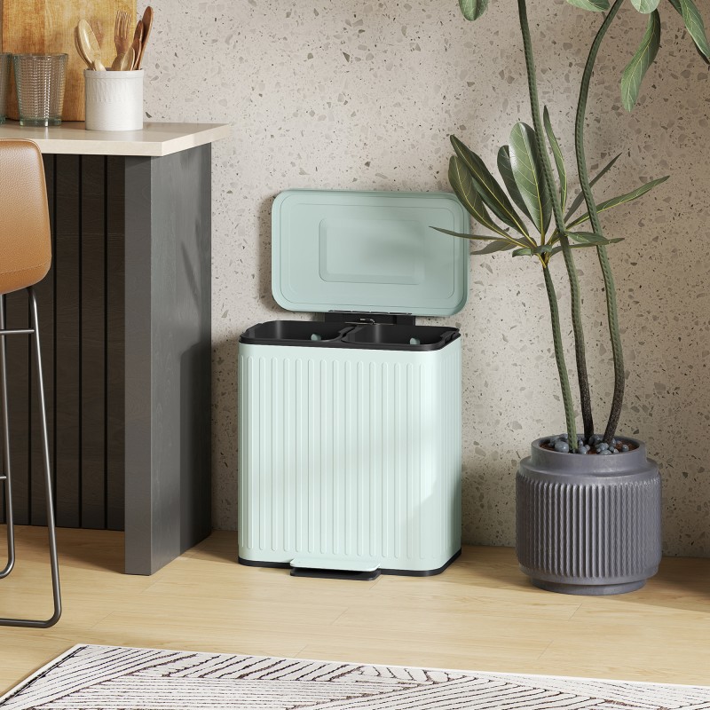 Kaksiosastoinen keittiöroska-astia 2 x 20 L, poljin, metalli ja muovi, vihreä