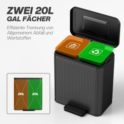 Keittiön lajitteluroskis kahdella 20 l säiliöllä, metalli ja muovi, 40 l, musta
