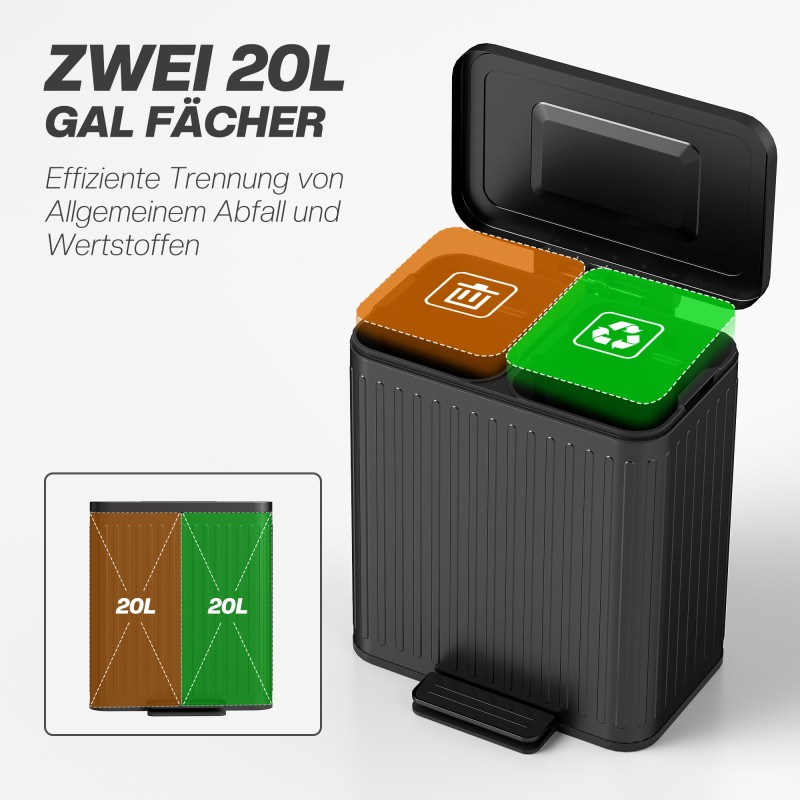 Keittiön lajitteluroskis kahdella 20 l säiliöllä, metalli ja muovi, 40 l, musta