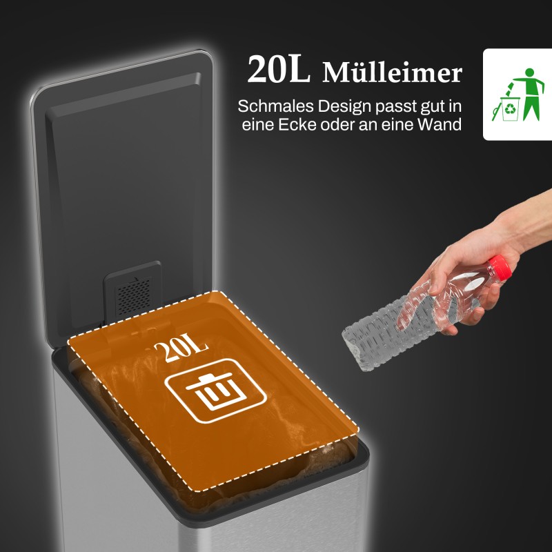 Keittiön jäteastia 20 l, soft close -kansi, hajunpoistolokero, ruostumaton teräs, hopea