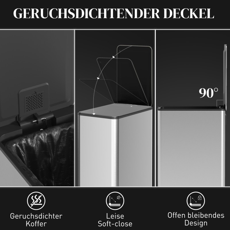 Keittiön jäteastia 20 l, soft close -kansi, hajunpoistolokero, ruostumaton teräs, hopea