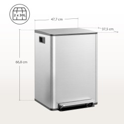Keittiöjäteastia 60 L 2x30 L lajittelu, soft close -kansi, ruostumaton teräs, hopea