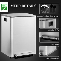 Keittiöjäteastia 60 L 2x30 L lajittelu, soft close -kansi, ruostumaton teräs, hopea