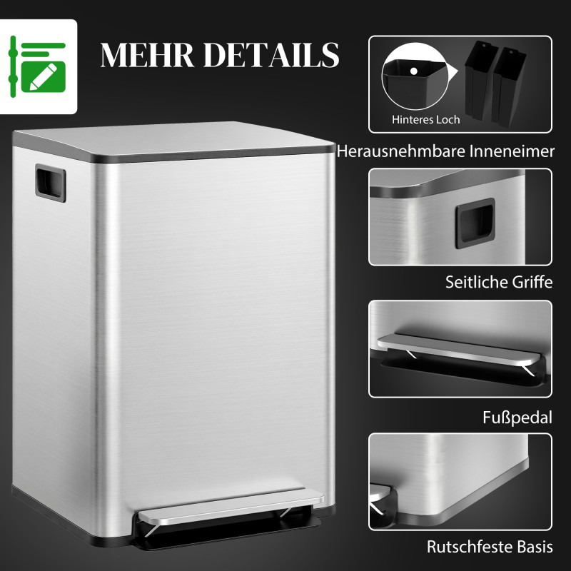 Keittiöjäteastia 60 L 2x30 L lajittelu, soft close -kansi, ruostumaton teräs, hopea