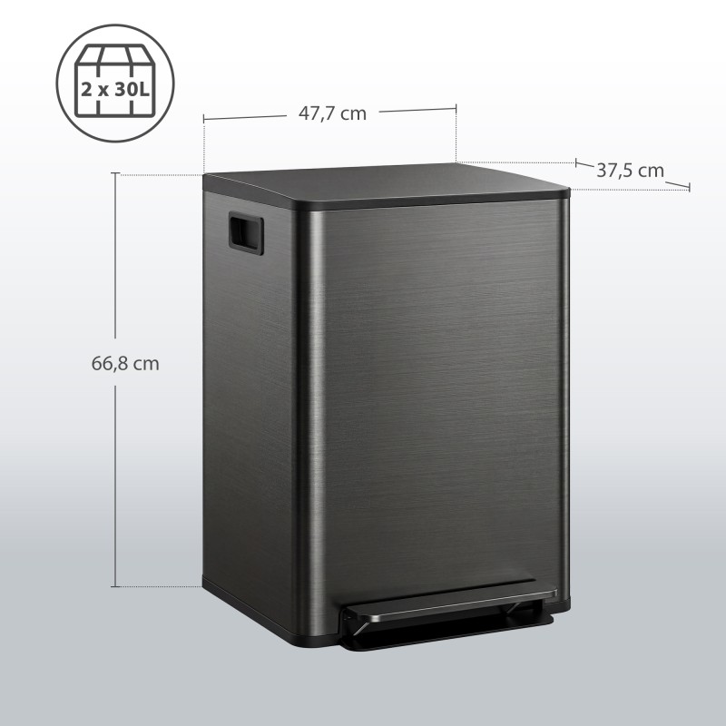 Keittiön roska-astia 2-osainen 60 l ruostumatonta terästä soft-close musta