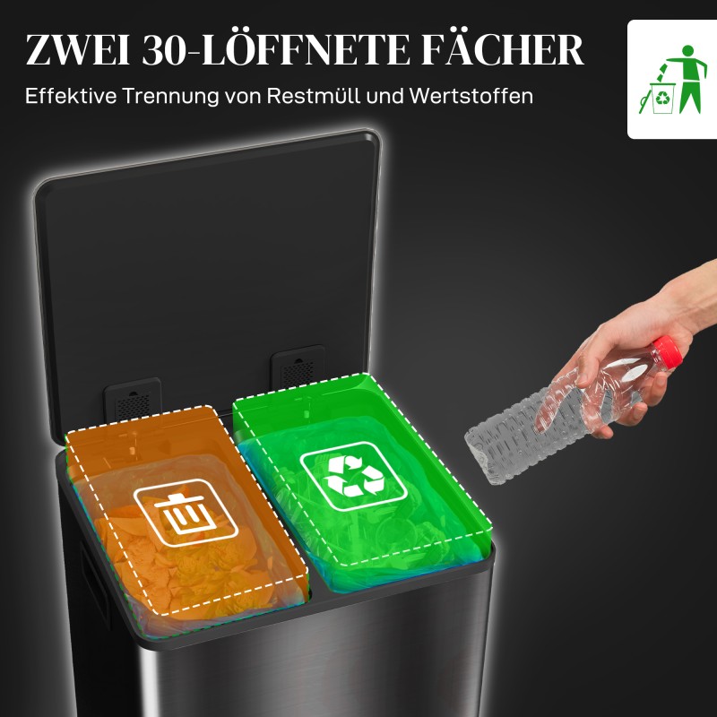 Keittiön roska-astia 2-osainen 60 l ruostumatonta terästä soft-close musta