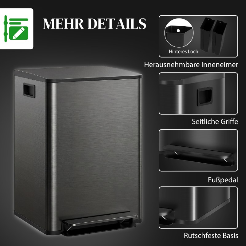 Keittiön roska-astia 2-osainen 60 l ruostumatonta terästä soft-close musta